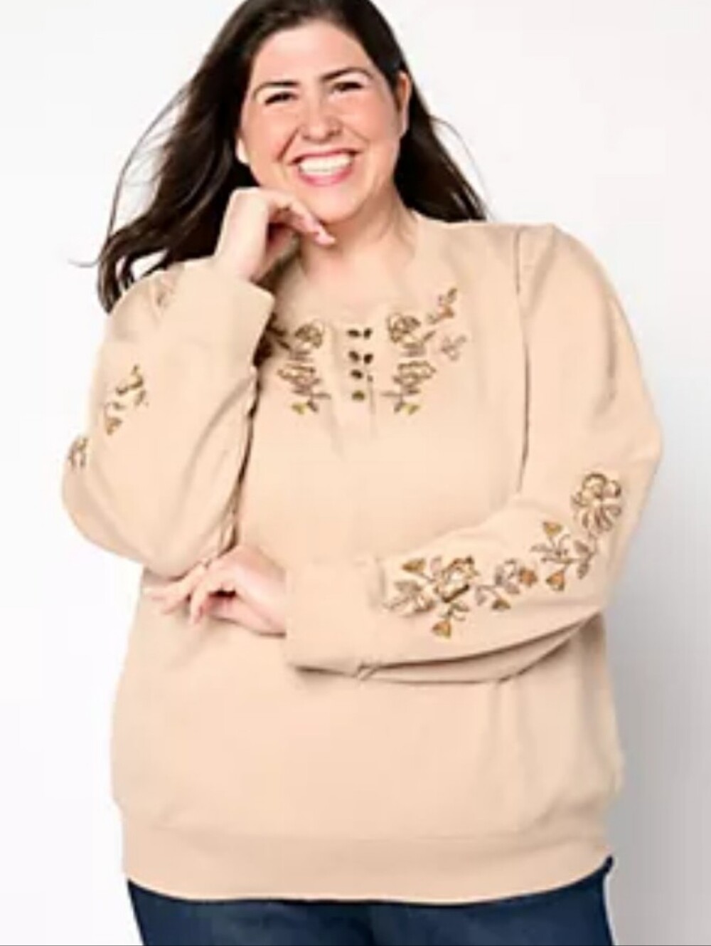 DRIFTWOOD Beige Floral Embroidered Henley Sweatshirt